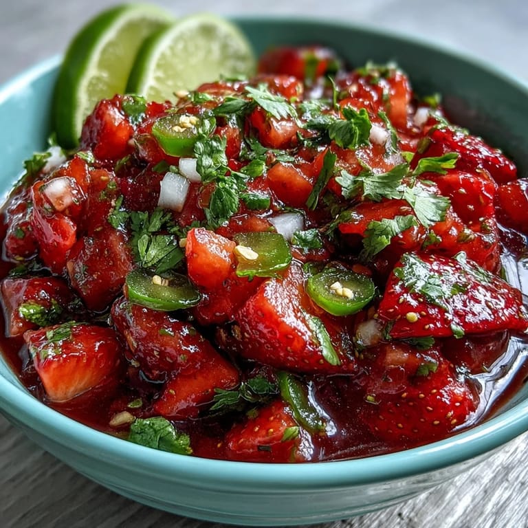 Bright red strawberries mixed with green cilantro and jalapeño make a colorful, zesty salsa perfect for tacos or dipping.