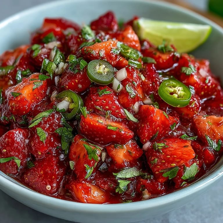 A fresh strawberry salsa bowl topped with avocado, lime zest, and jalapeño, served alongside crispy tortilla chips.