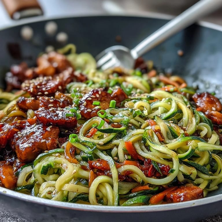 Colorful low-carb zucchini noodle stir fry with juicy chicken, crisp bell peppers, and carrots tossed in a glossy, flavorful Asian-inspired sauce.