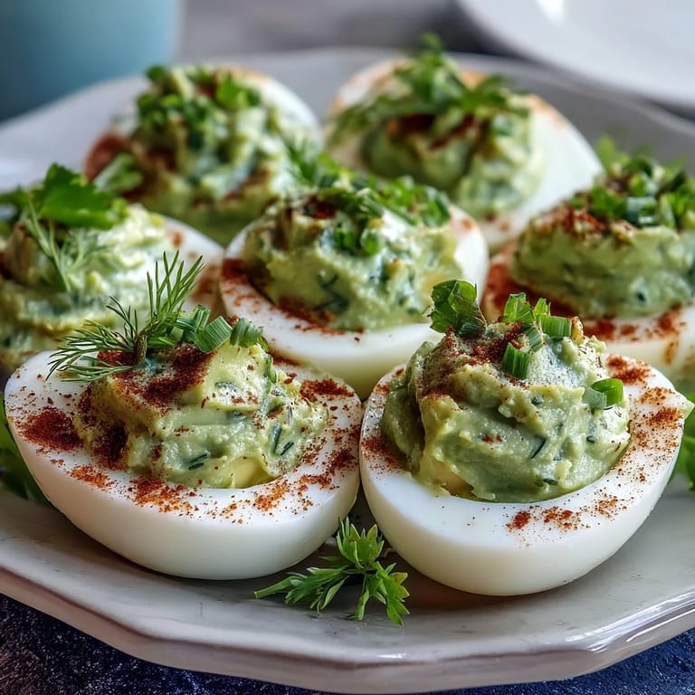 Vibrant avocado-filled deviled eggs garnished with chives and dill, a fresh appetizer for spring gatherings.