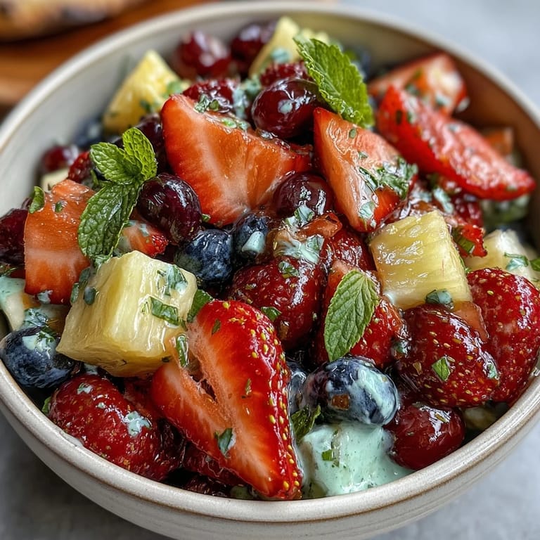 Refreshing summer strawberry lemonade fruit salad bursting with colorful berries, grapes, and watermelon, perfect for picnics and BBQs.