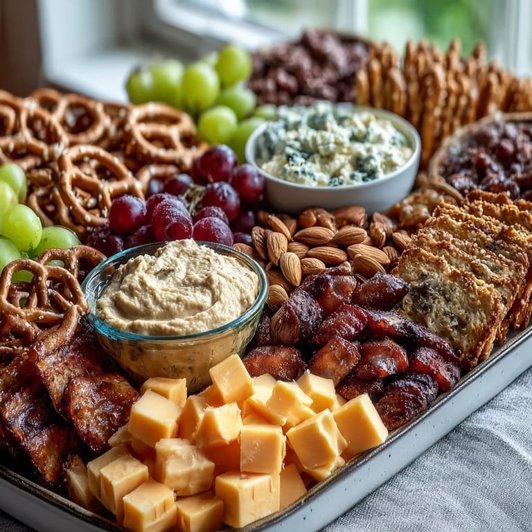Festive spread featuring cheddar cubes, salami, olives, berries, and chocolate pretzels arranged for a fun grad party celebration.