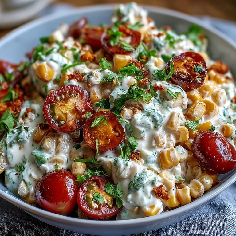 Creamy Corn Salad with Jalapeño offers a perfect blend of sweet corn, crunchy peppers, and a hint of spicy heat.