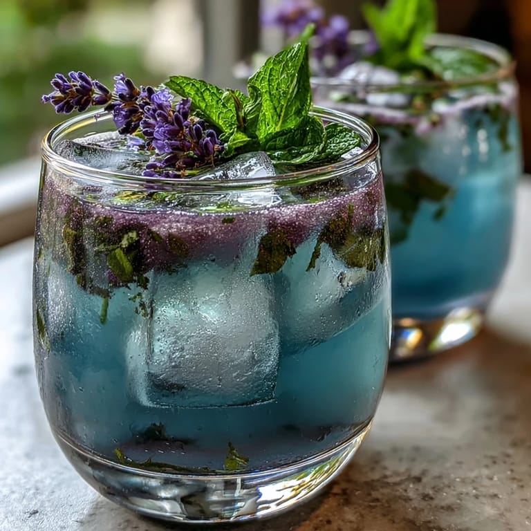 Vibrant lavender-infused lemonade with fresh mint leaves, perfect for a sunny afternoon.