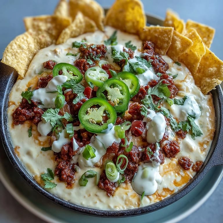 Warm queso loaded with savory chorizo, vibrant pico de gallo, and cool sour cream, perfect for party snacking.