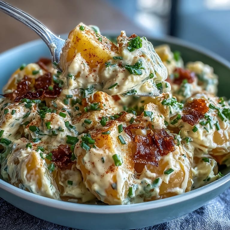 A hearty bowl of Classic Deviled Egg Potato Salad featuring chopped eggs, crisp celery, and a zesty, creamy dressing perfect for picnics.