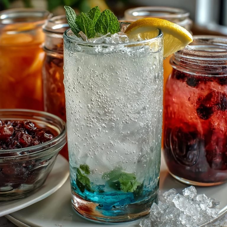 Vibrant lemonade bar setup with strawberry, blueberry, and peach syrups alongside fresh lemon slices and mint sprigs.