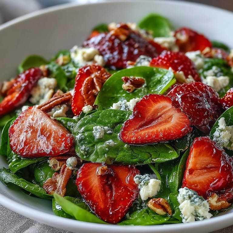 Vibrant strawberry spinach salad topped with creamy goat cheese, red onion, and sweet candied pecans.
