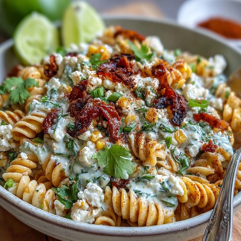 Vibrant Mexican street corn pasta with sweet corn, tangy lime dressing, and salty Cotija cheese crumbles.