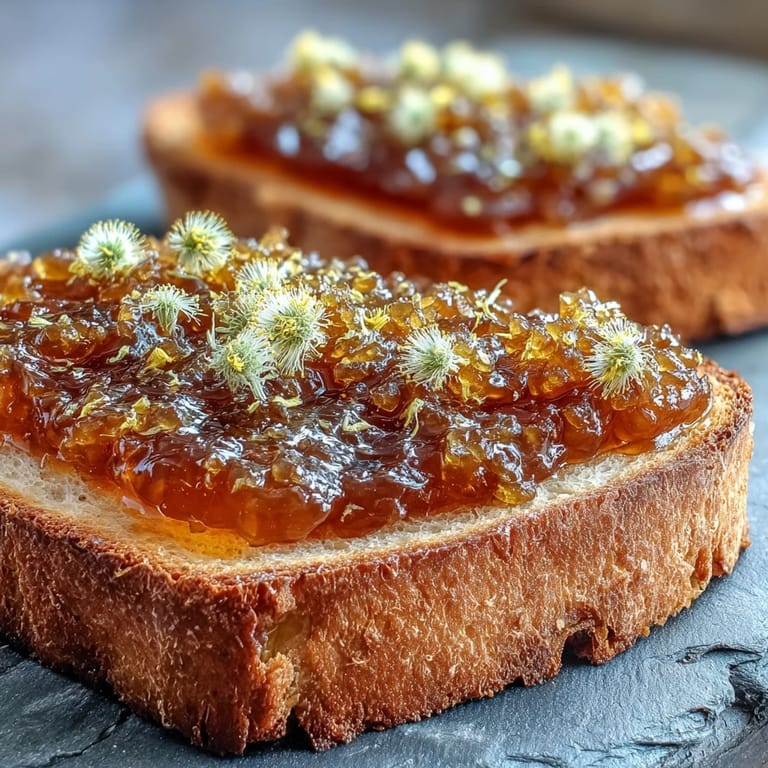 Bright dandelion jelly with fresh lemon and honey, spread on warm toast for a sweet spring treat.