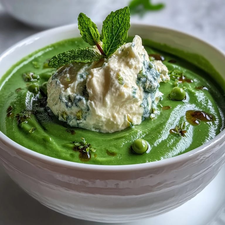 Creamy pea soup garnished with airy ricotta and aromatic mint oil, perfect for a light spring meal.