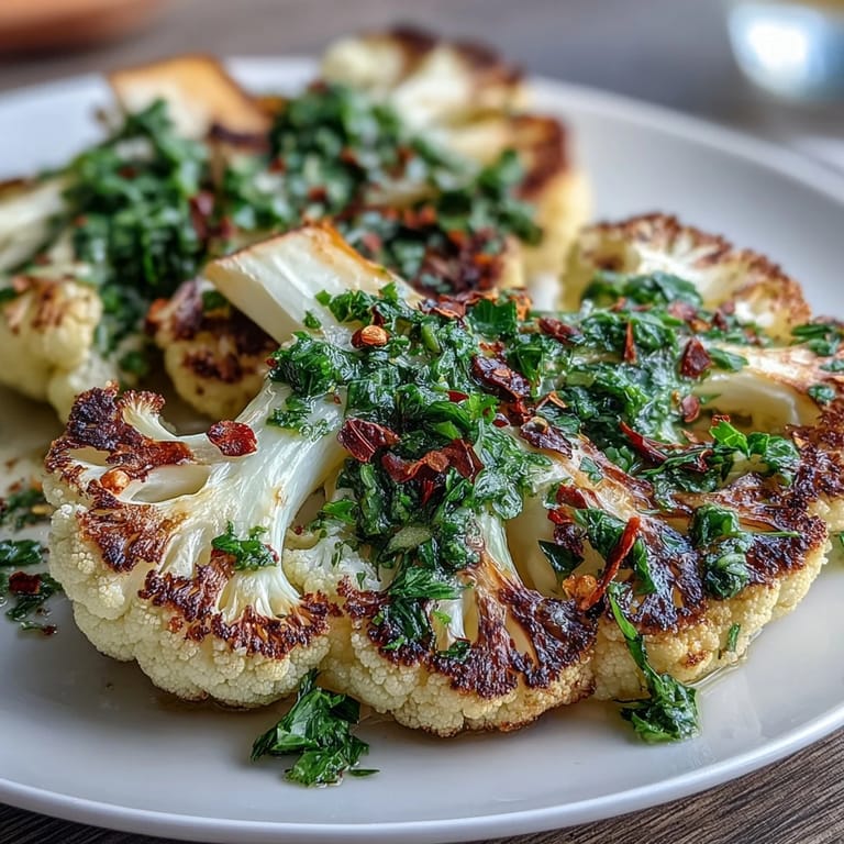 Tender cauliflower steaks seasoned with smoked paprika and cumin, finished with herbaceous chimichurri for a bold, plant-based barbecue centerpiece.