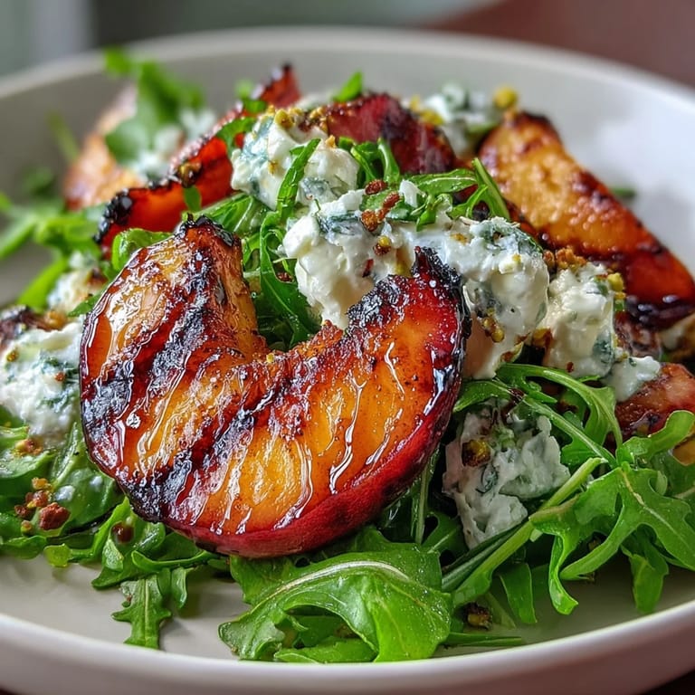 Delicious grilled peach and burrata salad, perfect for a light, flavorful meal.