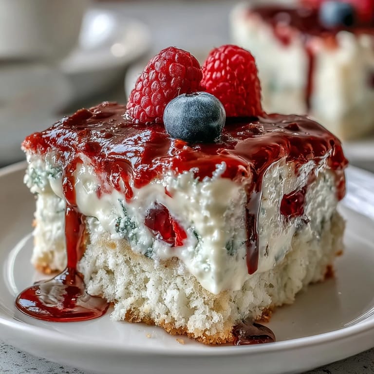 Red, white, and blue Patriotic Poke Cake, perfect for summer celebrations.