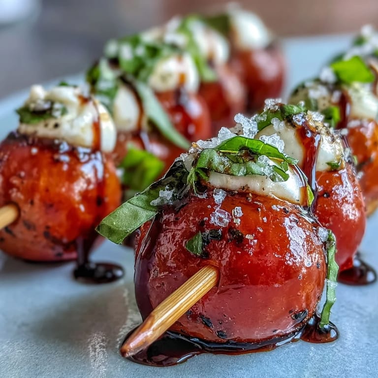 Colorful mini Caprese salad skewers with fresh basil and rich balsamic glaze.