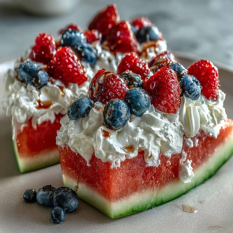 Enjoy a slice of this patriotic 4th of July Watermelon Pizza adorned with fruit.