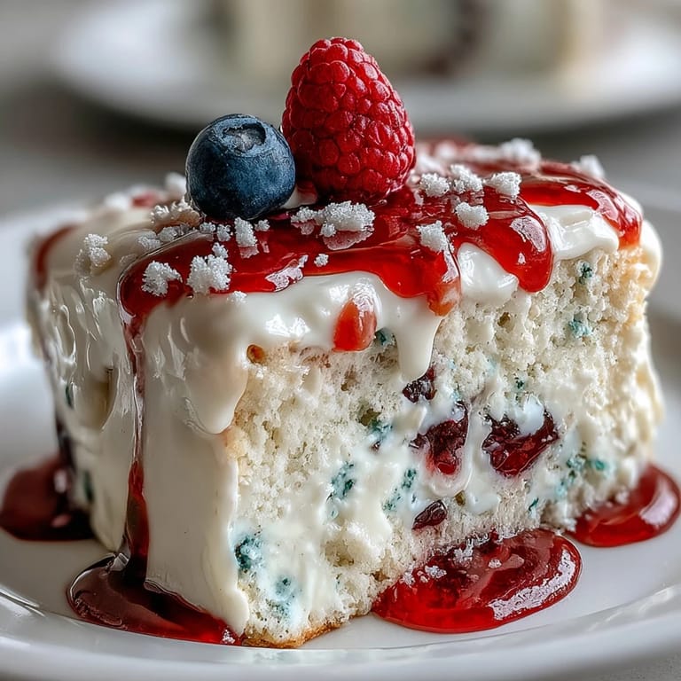 Moist cake with colorful gelatin layers, topped with luscious white chocolate ganache.