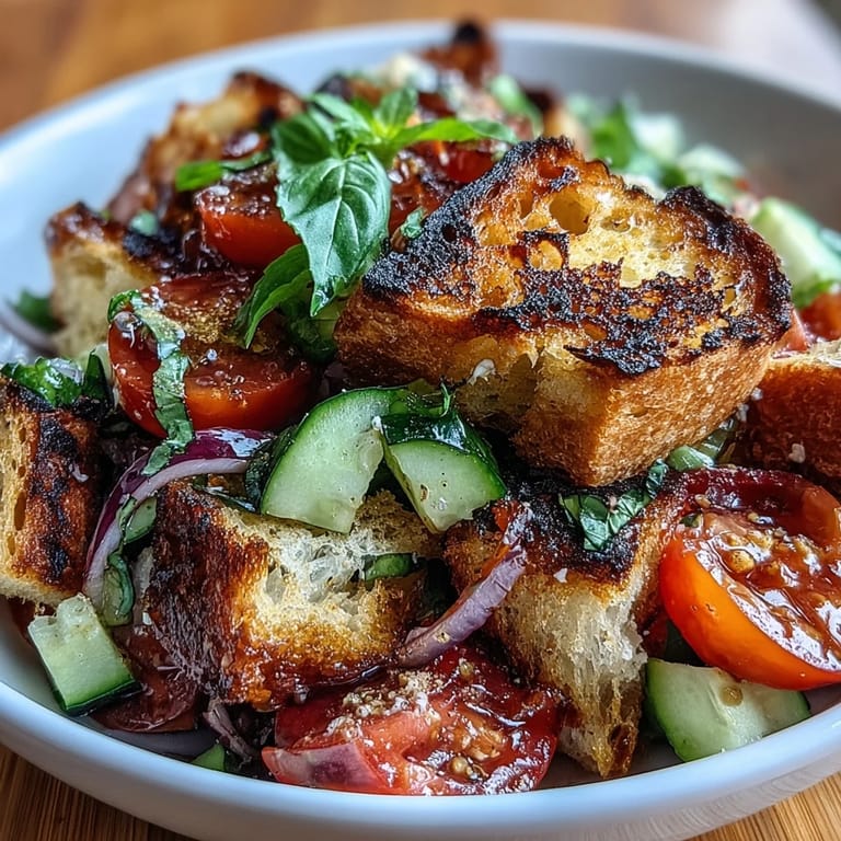 A delicious bowl of Summer Panzanella showcasing toasted bread, ripe tomatoes, and fresh herbs.