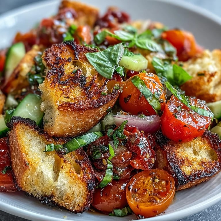 Artfully arranged Summer Panzanella, a colorful medley of grilled bread, tomatoes, and crisp vegetables.