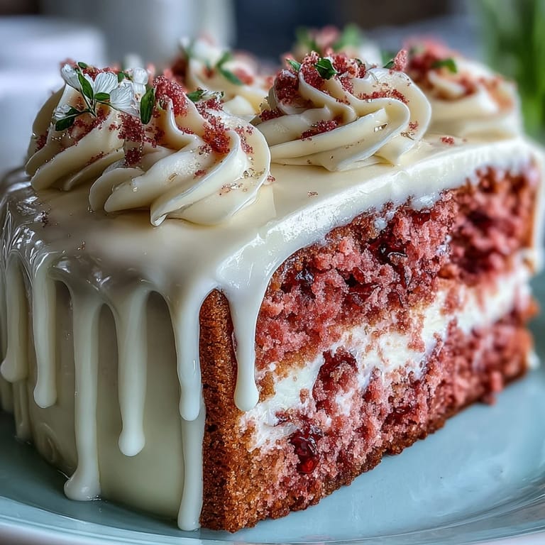 Elegant pink rosé velvet cake with decadent cream cheese frosting and edible gold.
