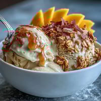 Creamy vegan mango coconut ice cream bowls topped with crunchy toasted oats and fresh mango slices.  
