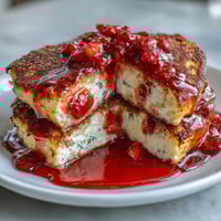 Fluffy cottage cheese pancakes topped with vibrant homemade strawberry syrup for a protein-rich breakfast.
