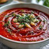 Creamy roasted red pepper and white bean soup with vibrant colors and fresh herbs in a rustic bowl.  