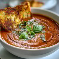 A steaming bowl of creamy tomato basil soup garnished with fresh herbs, served with golden sourdough bread dippers for dipping.