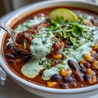 Black Bean and Corn Chili with Lime Crema served in a bowl, garnished with fresh cilantro and avocado slices.
