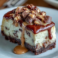 Creamy peanut butter cheesecake bars with rich chocolate cookie crust and mini peanut butter cups.