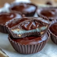 A stack of homemade peanut butter cups with creamy Greek yogurt filling, drizzled with dark chocolate for a protein-packed treat.