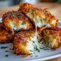 Crispy funeral potatoes croquettes in the air fryer, golden and cheesy with a crunchy cornflake coating.  