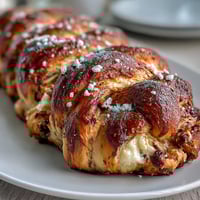 Golden braided sweet bread filled with tangy lemon cream cheese, topped with vibrant purple, green, and gold sugar for Mardi Gras.