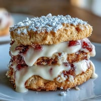 Strawberry shortcake cookies with cream filling, featuring tender cookies and fresh strawberries, stacked and ready to enjoy.
