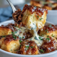 A steaming bowl of Shepherd's Pie Soup with ground beef, veggies, and tender potatoes in savory broth.
