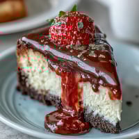 Decadent Dubai chocolate strawberry cheesecake cups with a rich chocolate biscuit base and creamy vanilla filling, topped with fresh strawberries and a dark chocolate drizzle.