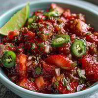 Fresh strawberry salsa with lime and jalapeño served in a white bowl with tortilla chips on the side.