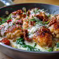 Creamy Tuscan Chicken Skillet with golden chicken in a luscious garlic cream sauce, sun-dried tomatoes, and fresh spinach.