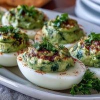 Creamy green avocado deviled eggs with fresh herbs, perfect for spring parties and healthy snacking.