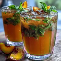 Refreshing mango peach iced tea with mint leaves, served over ice in a clear glass pitcher.