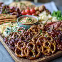 Game Day Baseball Snack Board with Pretzels and Dips, a colorful spread of soft pretzels, creamy dips, and fresh veggies for sharing during the big game.