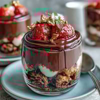 Elegant Dubai chocolate strawberry cups with crisp kataifi pastry, rich dark chocolate, and creamy pistachio filling, topped with fresh strawberries.