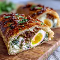 Easter savory pie with hard-boiled eggs and ham, a golden pastry filled with creamy ricotta, spinach, and savory ham, sliced to reveal whole eggs inside.