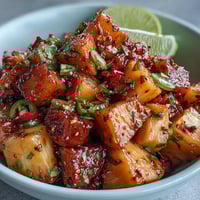 Vibrant mango fruit cups with zesty lime and chili seasoning, perfect for a refreshing summer snack.