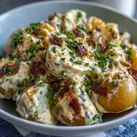 Creamy Classic Deviled Egg Potato Salad with tender potatoes and tangy mustard dressing, garnished with smoked paprika and fresh chives.