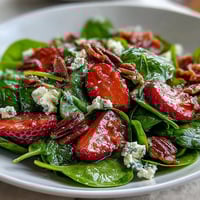 Fresh strawberry spinach salad with creamy goat cheese, candied pecans, and tangy balsamic dressing.  
