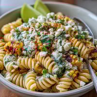 Elote Corn Pasta with Cotija: A colorful summer pasta salad with charred corn, creamy dressing, and crumbled cheese.