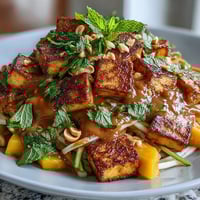 Vibrant Thai mango salad with crispy tofu and peanut sauce, showcasing colorful veggies and golden tofu cubes.