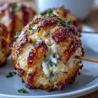 Delicious olive cheese balls on skewers, featuring savory cheddar dough wrapped around green olives and baked to golden perfection.