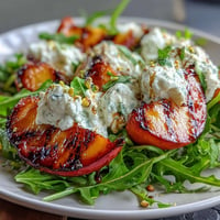 Grilled peach and burrata salad, creamy, sweet peaches, and fresh basil combine.